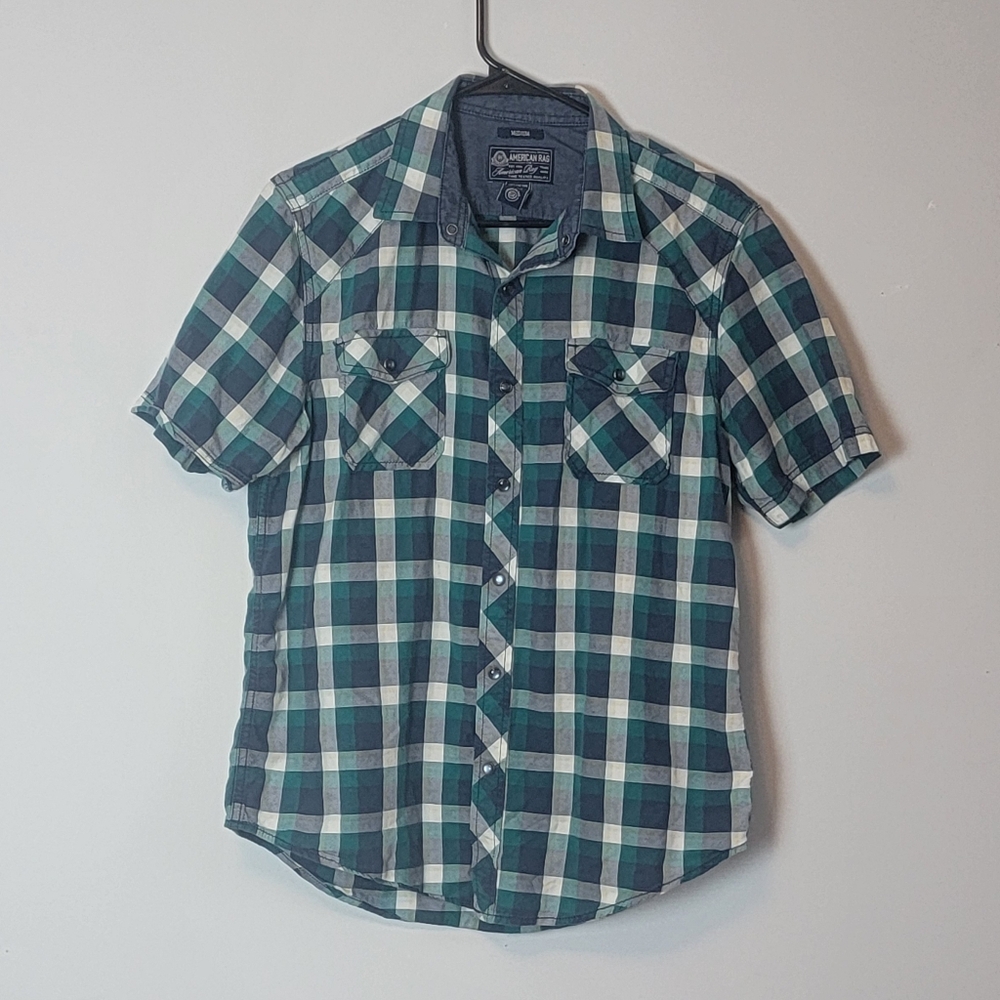 Short Sleeve Blue Plaid Snap Button Shirt